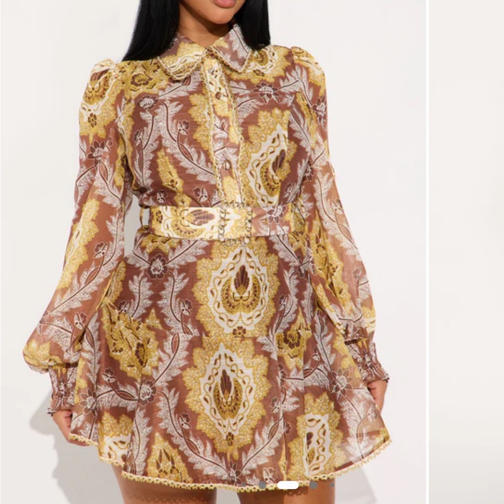 Darlington Belted Chiffon Shirt Mini Dress - Brown/combo